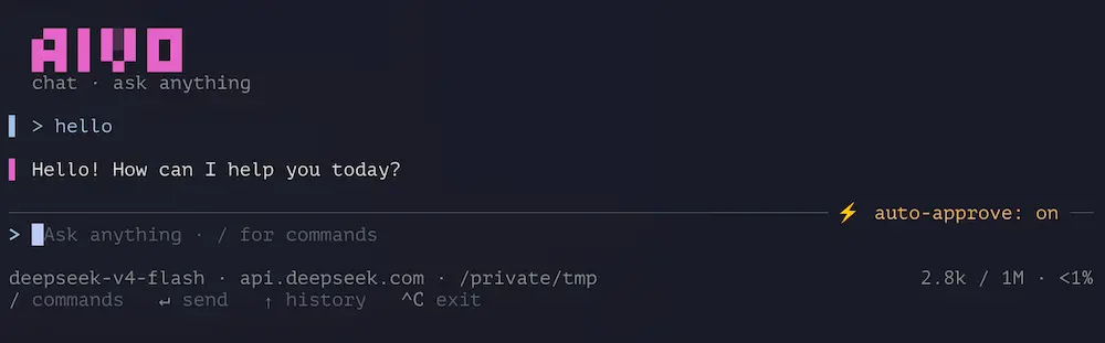 aivo chat running in a terminal: a prompt, the model's reply, and a status line showing the active model, working directory, and token usage