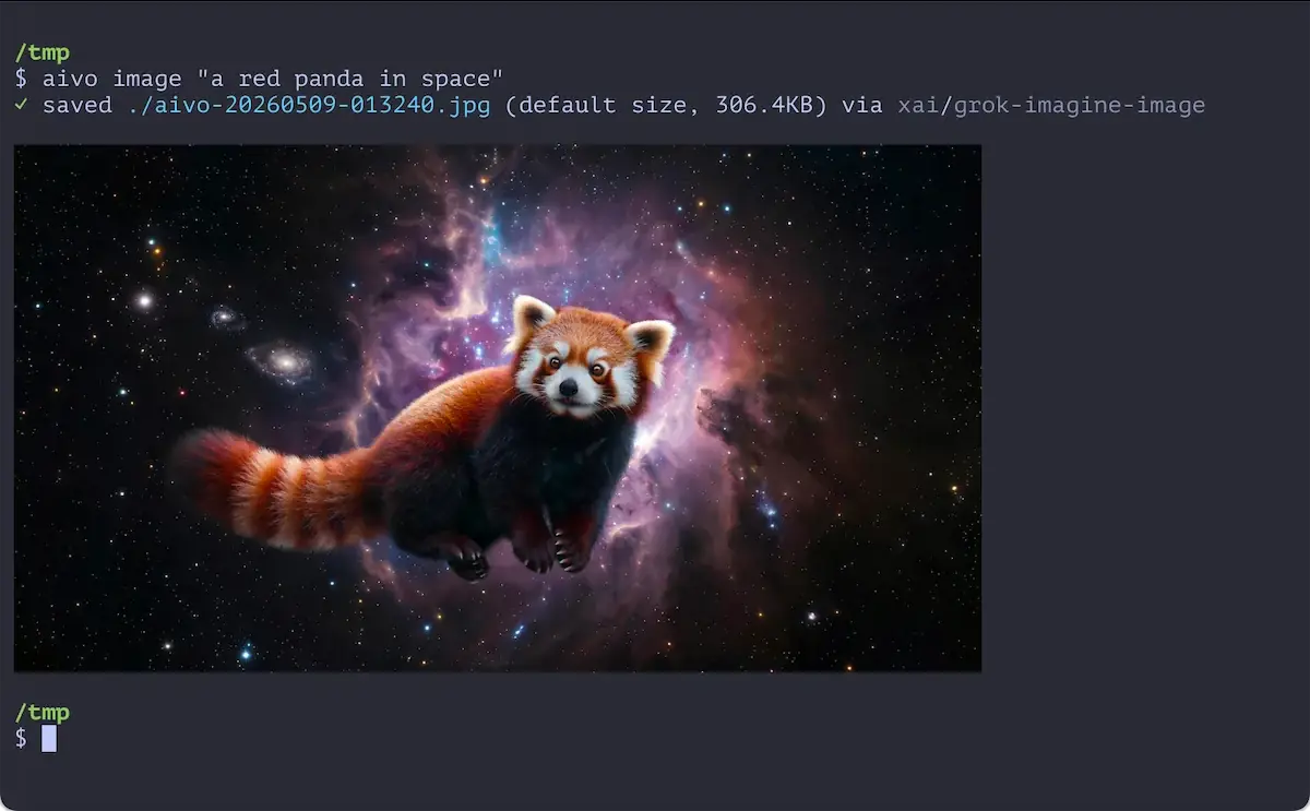 Terminal running aivo image "a red panda in space" with the generated image displayed inline